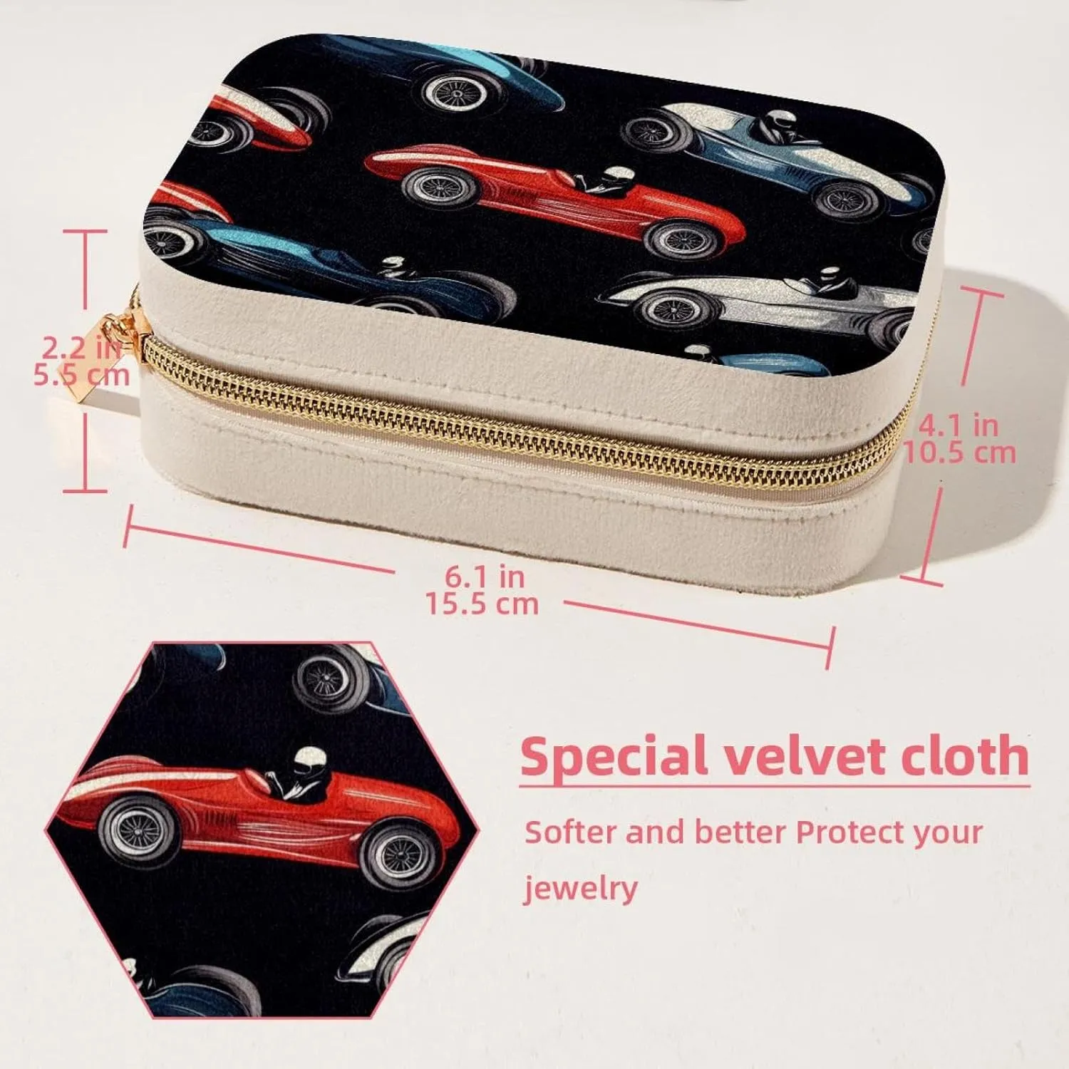 PU Leather Jewelry Box, Portable Organizer for Women Girls, Travel Case Display Storage Holder for Rings Earrings Necklaces - Racing Cars Pattern