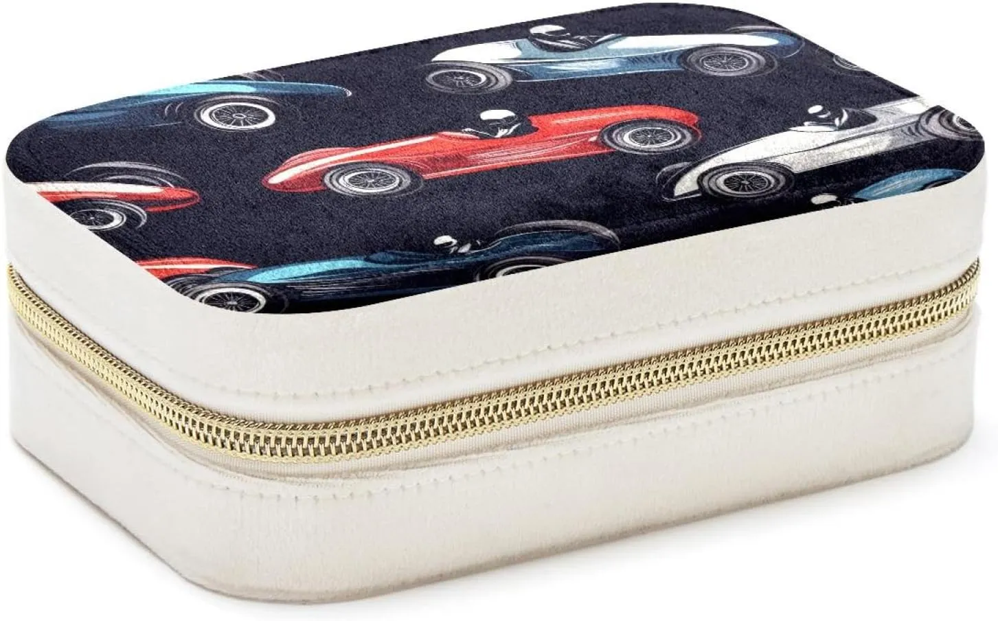 PU Leather Jewelry Box, Portable Organizer for Women Girls, Travel Case Display Storage Holder for Rings Earrings Necklaces - Racing Cars Pattern