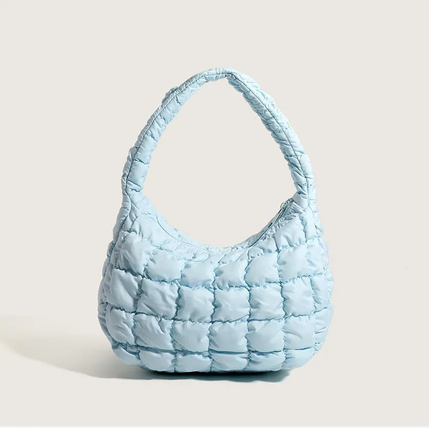 Puffer Underarm Handbag For Women, Small Cute Designer Hobo Bag, Quilted Padding Bags, Soft Nylon Puffy Purse