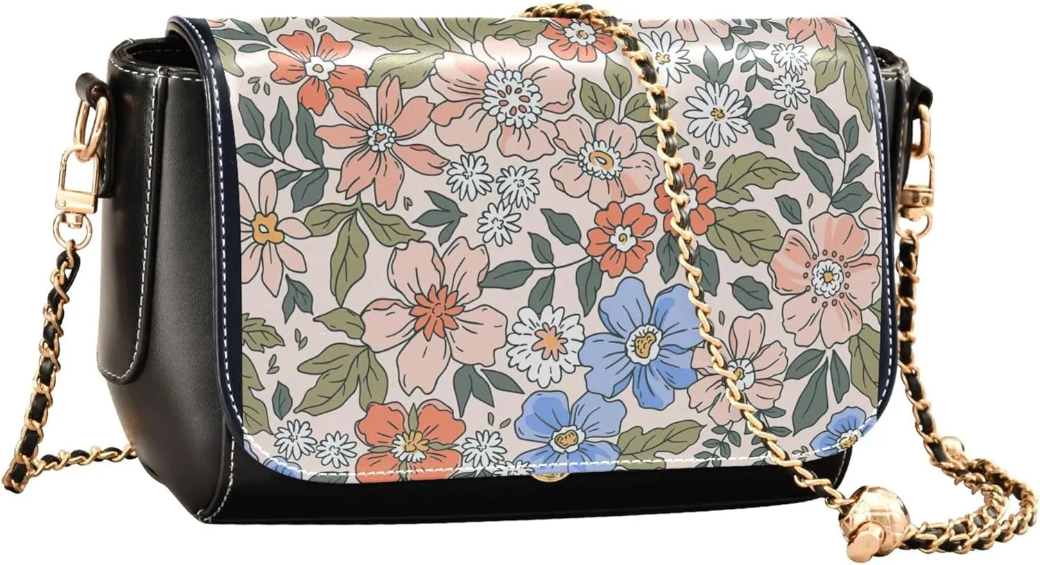 Purple Floral Design PU Leather Shoulder Bag Gifts Crossbody Purses for Women Phone Handbags with Chain Strap