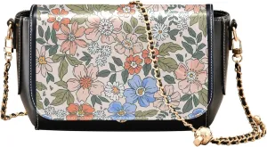 Purple Floral Design PU Leather Shoulder Bag Gifts Crossbody Purses for Women Phone Handbags with Chain Strap