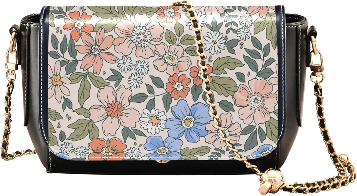 Purple Floral Design PU Leather Shoulder Bag Gifts Crossbody Purses for Women Phone Handbags with Chain Strap