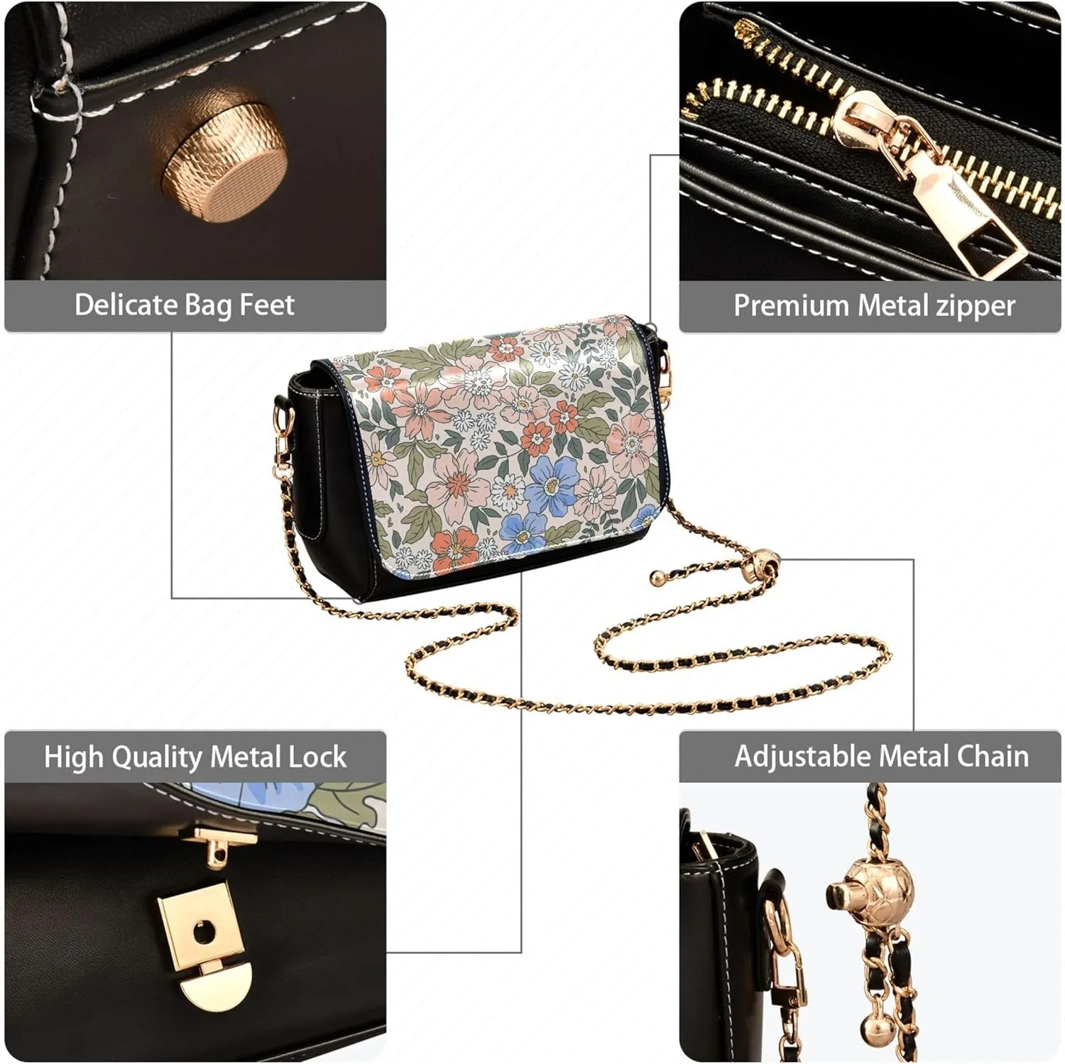 Purple Floral Design PU Leather Shoulder Bag Gifts Crossbody Purses for Women Phone Handbags with Chain Strap