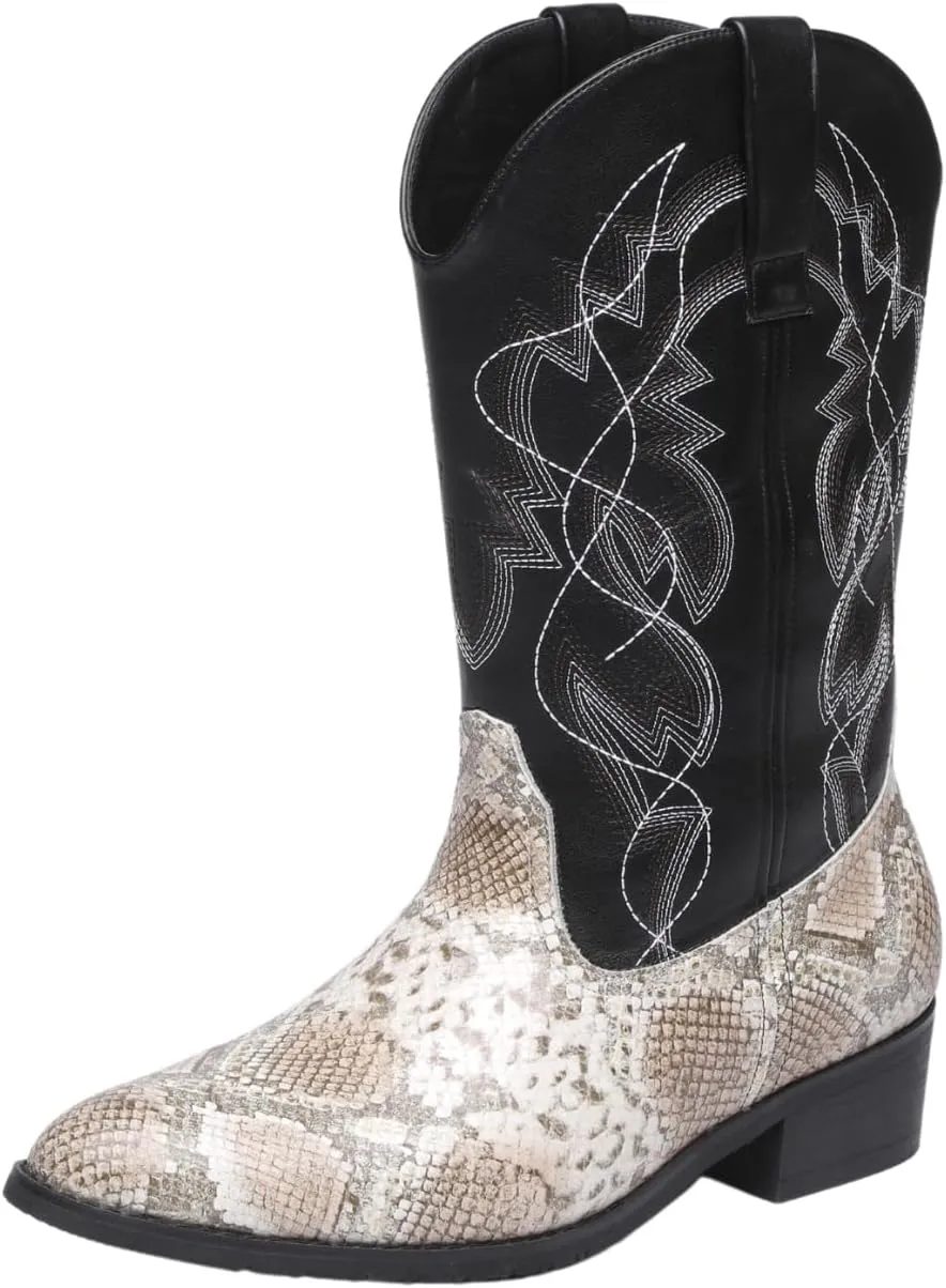 Python Manning Men's Boots Cowboy for Men Classic Pointed Toe Western Pull Up Snakeskin Embroidered Mid-Calf Boots