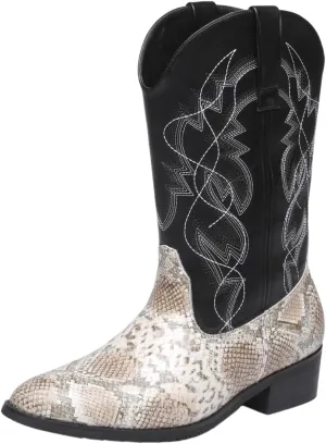 Python Manning Men's Boots Cowboy for Men Classic Pointed Toe Western Pull Up Snakeskin Embroidered Mid-Calf Boots