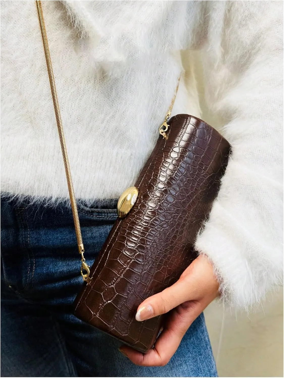 QWINEE Evening Clutch Purses for Women PU Leather Magnet Crocodile Embossed Shoulder Handbag Elegant Crossbody Bag with Chain