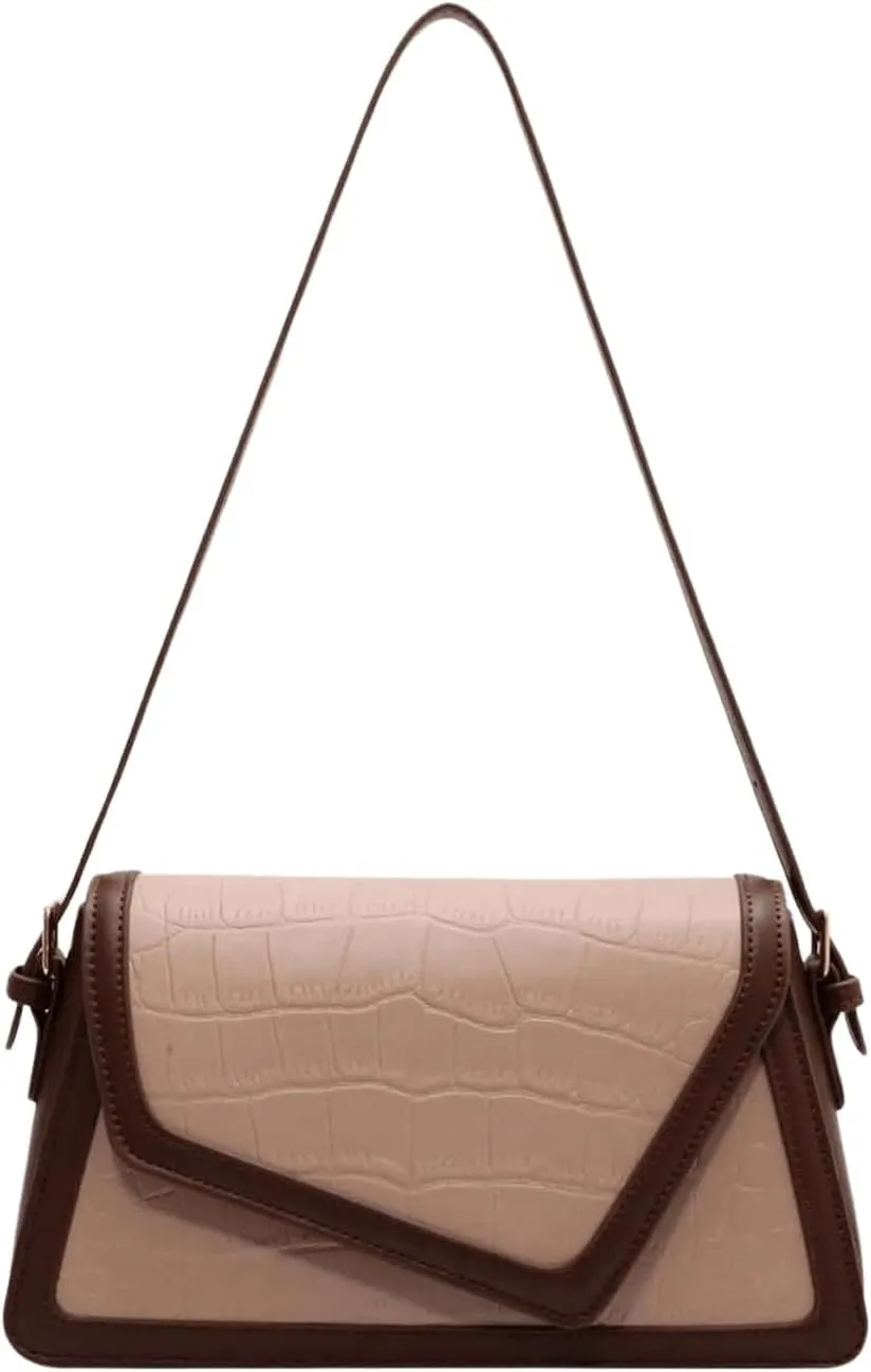 QWINEE Women's Crocodile Embossed Flap Bag Colorblock Shoulder Handbag Contrast Binding Clutch Purse