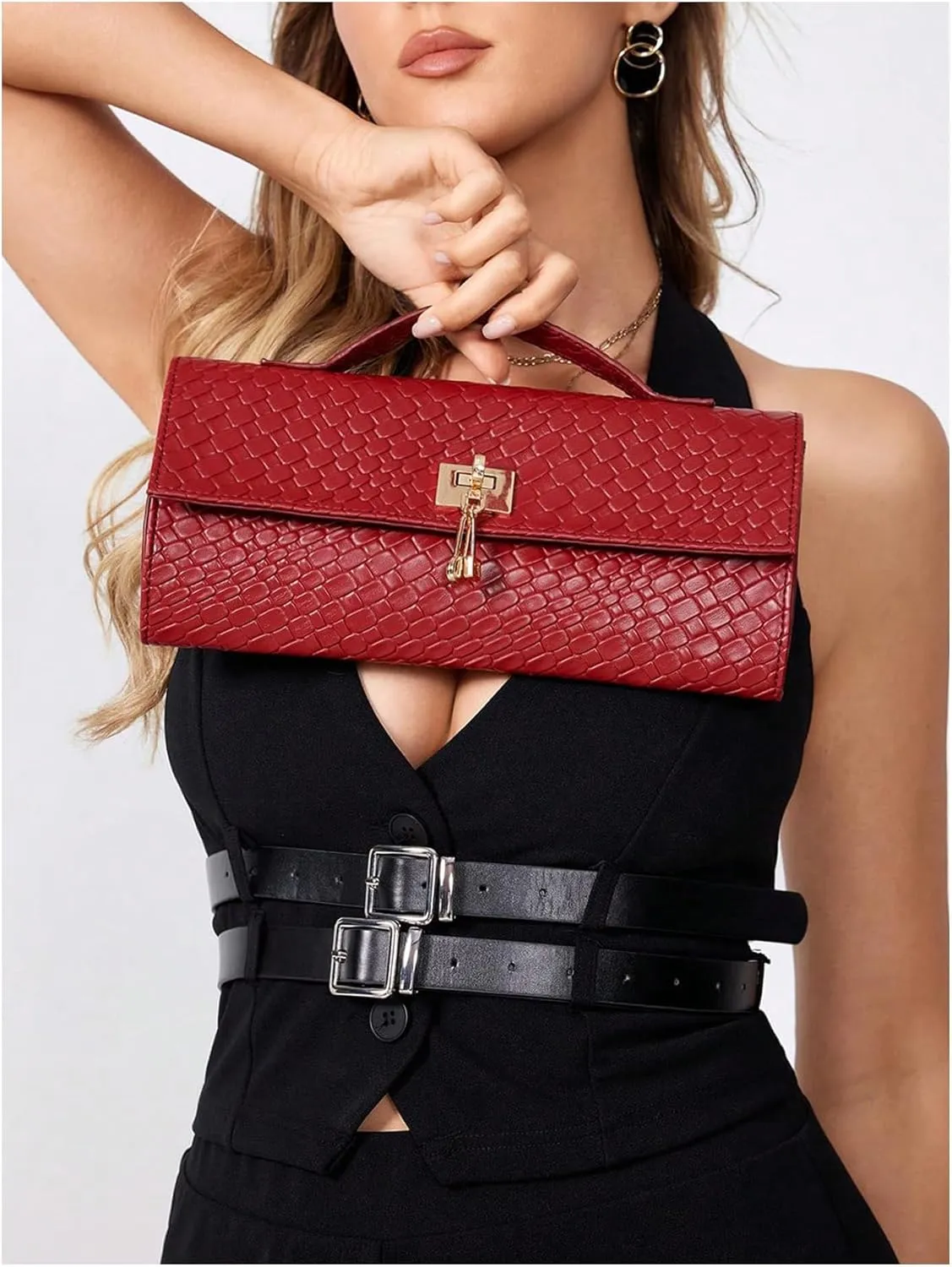 QWINEE Women's Crocodile Embossed Handbag Vintage Elegant Satchel Handbag PU Leather Evening Clutch Purses