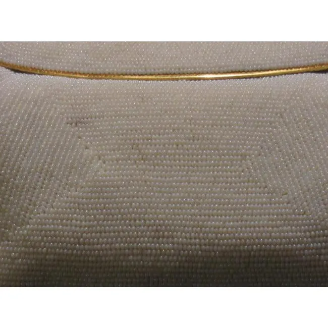 Rare, 1960's, AMAZING, Gucci, mod, pearly seed bead, hinged opening, clutch style purse with a sleek linear, gold and beaded, latch top clasp