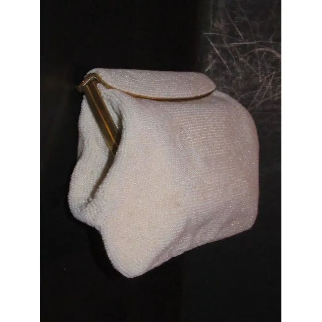 Rare, 1960's, AMAZING, Gucci, mod, pearly seed bead, hinged opening, clutch style purse with a sleek linear, gold and beaded, latch top clasp