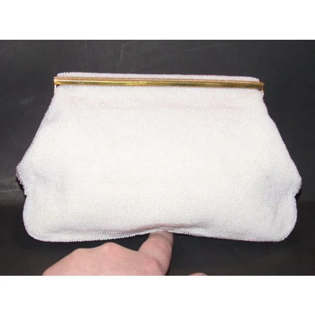 Rare, 1960's, AMAZING, Gucci, mod, pearly seed bead, hinged opening, clutch style purse with a sleek linear, gold and beaded, latch top clasp
