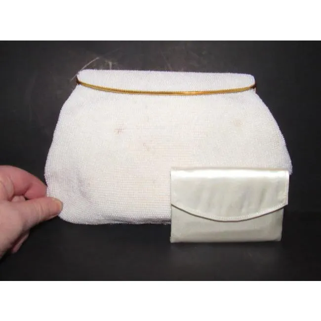 Rare, 1960's, AMAZING, Gucci, mod, pearly seed bead, hinged opening, clutch style purse with a sleek linear, gold and beaded, latch top clasp
