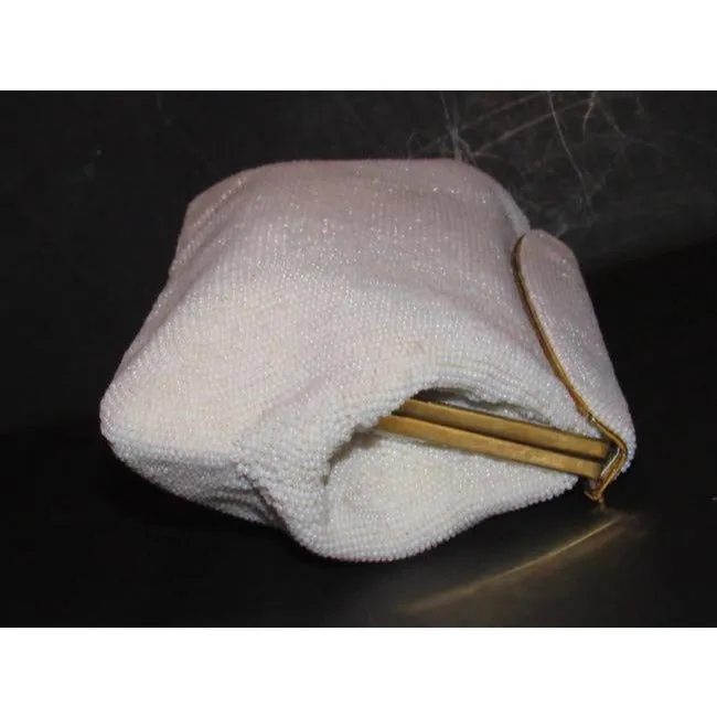 Rare, 1960's, AMAZING, Gucci, mod, pearly seed bead, hinged opening, clutch style purse with a sleek linear, gold and beaded, latch top clasp
