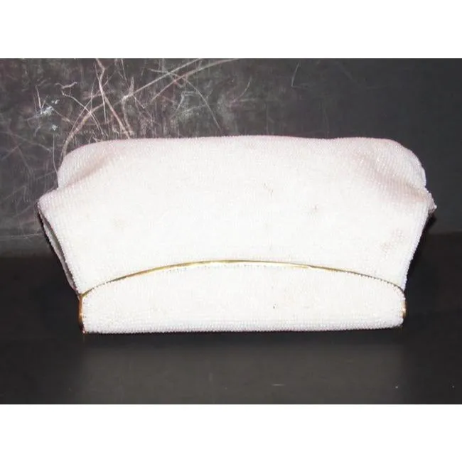 Rare, 1960's, AMAZING, Gucci, mod, pearly seed bead, hinged opening, clutch style purse with a sleek linear, gold and beaded, latch top clasp