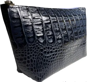 Real Leather Cosmetic Bag - Handmade 100% Genuine Cow Leather Makeup Travel Case Toiletry Bag Cosmetic Organizer Embossed Reptile Pattern - Dark Blue Caiman