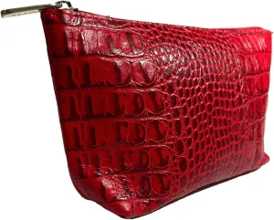 Real Leather Cosmetic Bag - Handmade 100% Genuine Cow Leather Makeup Travel Case Toiletry Bag Cosmetic Organizer Embossed Reptile Pattern - Red Caiman