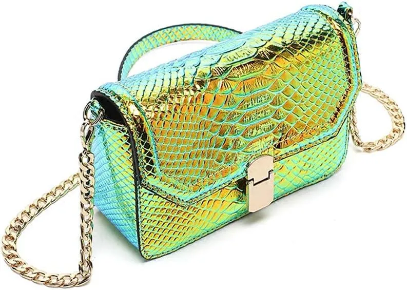 RemeeHi Hologram Snake Skin Leather Shoulder Bag Crossbody Bag with Chain