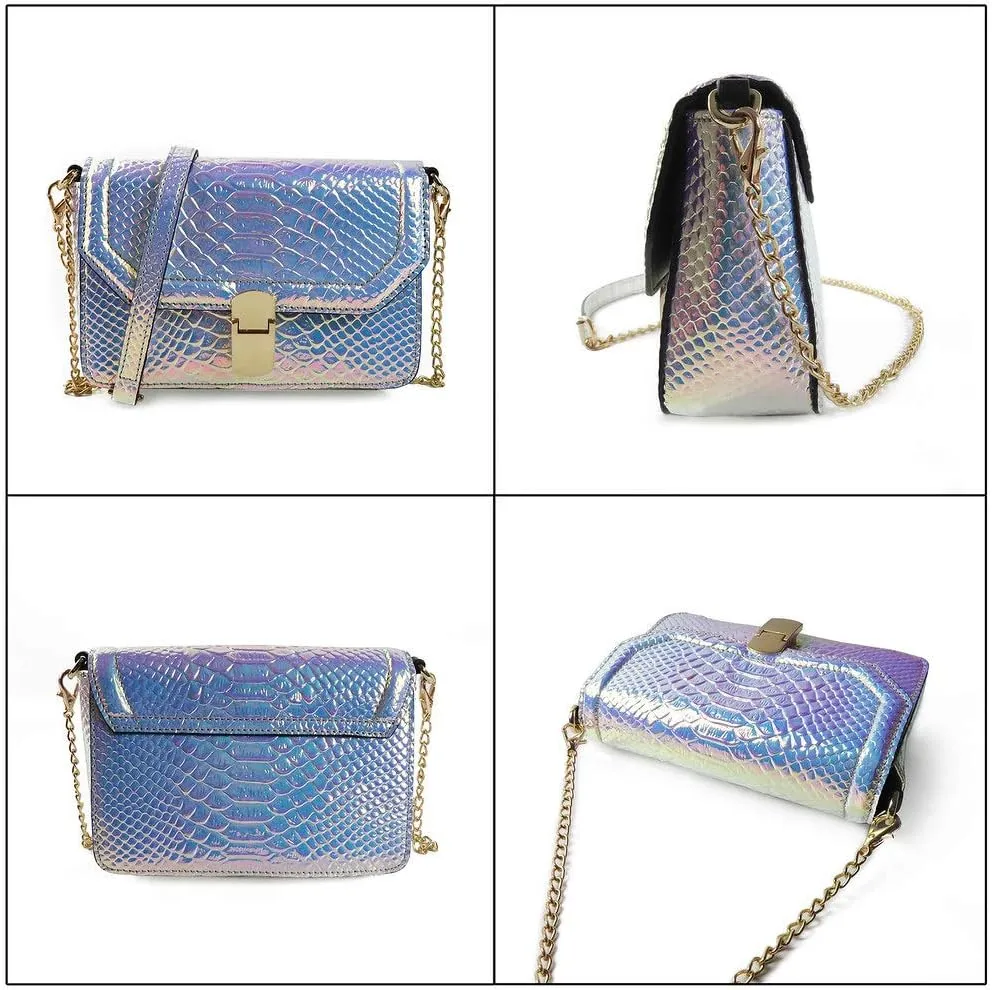 RemeeHi Hologram Snake Skin Leather Shoulder Bag Crossbody Bag with Chain