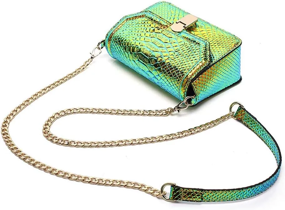 RemeeHi Hologram Snake Skin Leather Shoulder Bag Crossbody Bag with Chain
