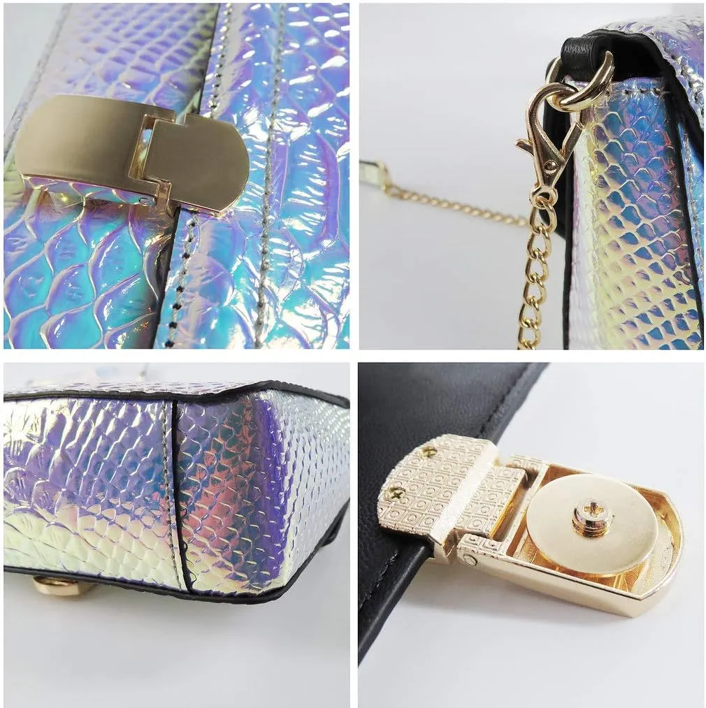 RemeeHi Hologram Snake Skin Leather Shoulder Bag Crossbody Bag with Chain
