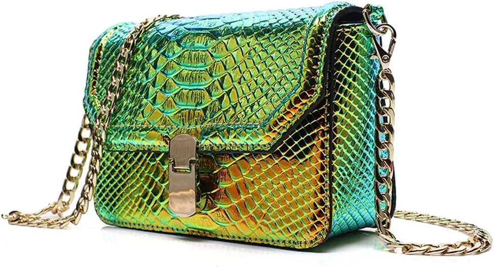 RemeeHi Hologram Snake Skin Leather Shoulder Bag Crossbody Bag with Chain