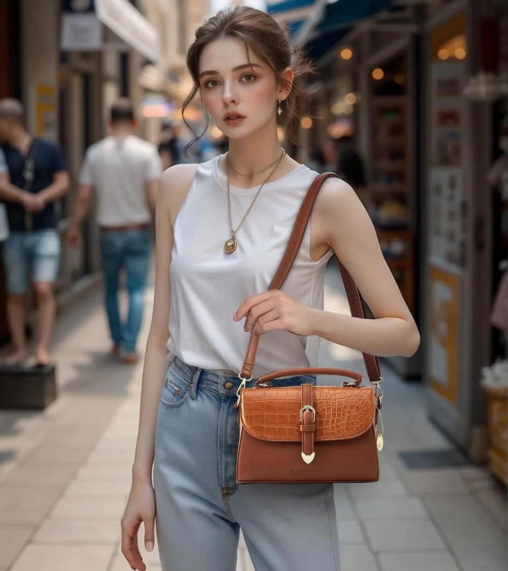 Retro Satchel Crossbody Handbags for Women, Trendy Crocodile Designer Leather Flap Top Handle Purses Shoulder Bag