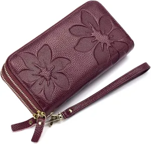 RFID Blocking Women’s Leather Wallet, Double Zipper Smartphone Pocket, Embossed Flower with Credit Card Holder, Cash Slots Large Capacity Clutch Wristlet (Purple)