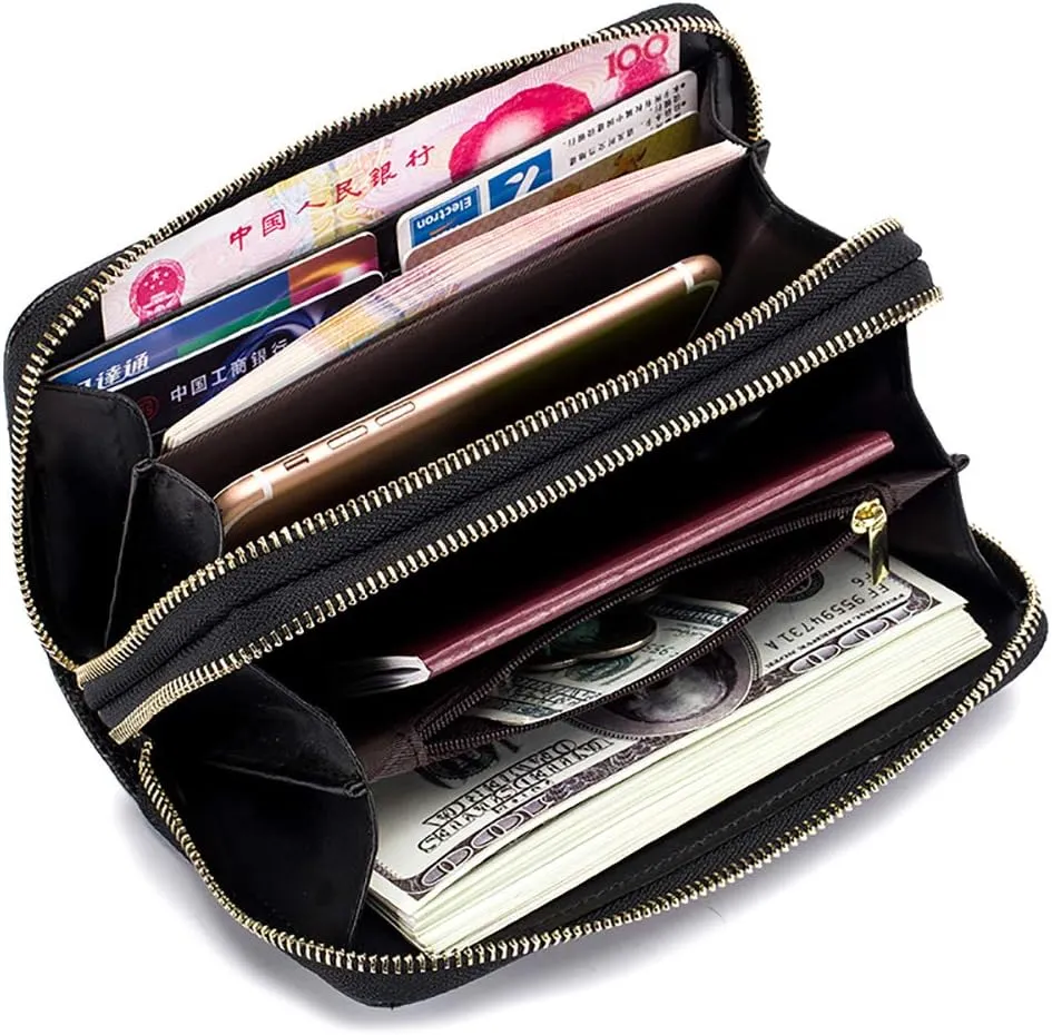 RFID Blocking Women’s Leather Wallet, Double Zipper Smartphone Pocket, Embossed Flower with Credit Card Holder, Cash Slots Large Capacity Clutch Wristlet (Purple)