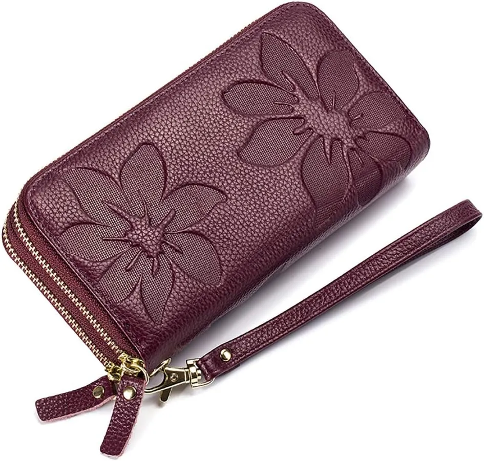 RFID Blocking Women’s Leather Wallet, Double Zipper Smartphone Pocket, Embossed Flower with Credit Card Holder, Cash Slots Large Capacity Clutch Wristlet (Purple)