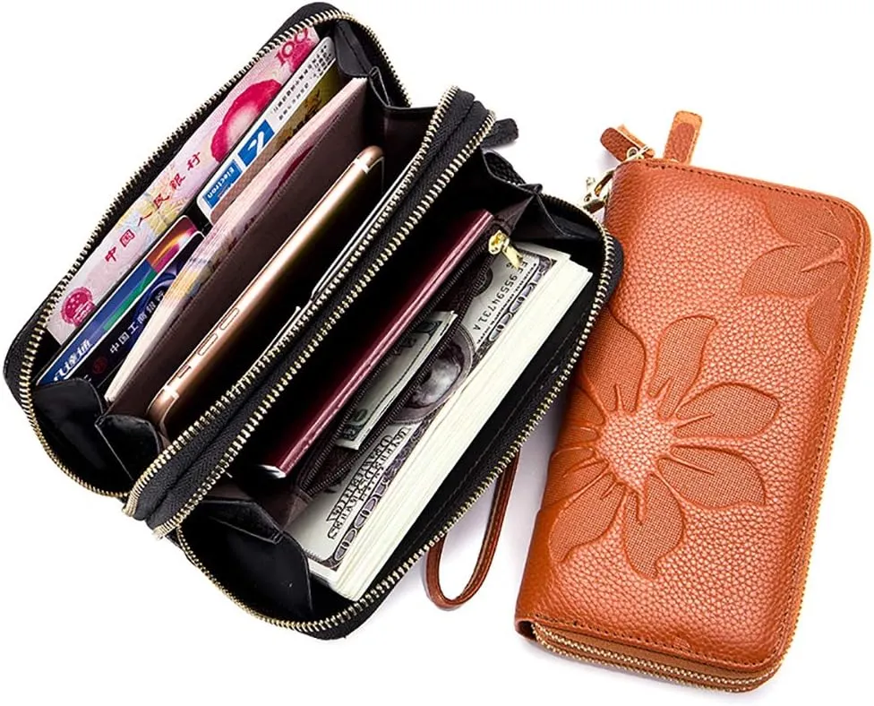 RFID Blocking Women’s Leather Wallet, Double Zipper Smartphone Pocket, Embossed Flower with Credit Card Holder, Cash Slots Large Capacity Clutch Wristlet (Purple)