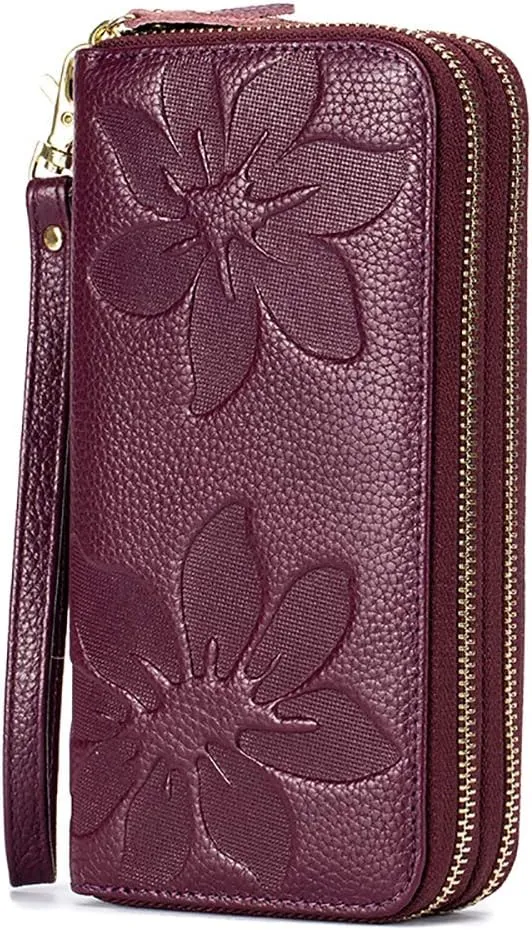 RFID Blocking Women’s Leather Wallet, Double Zipper Smartphone Pocket, Embossed Flower with Credit Card Holder, Cash Slots Large Capacity Clutch Wristlet (Purple)