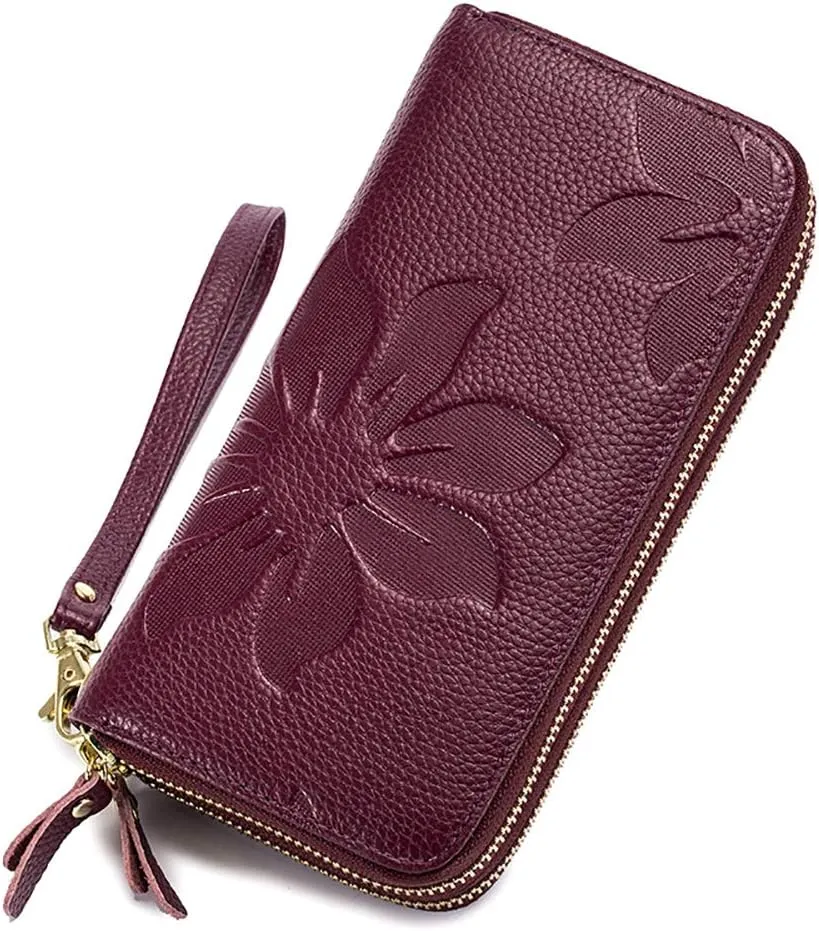 RFID Blocking Women’s Leather Wallet, Double Zipper Smartphone Pocket, Embossed Flower with Credit Card Holder, Cash Slots Large Capacity Clutch Wristlet (Purple)