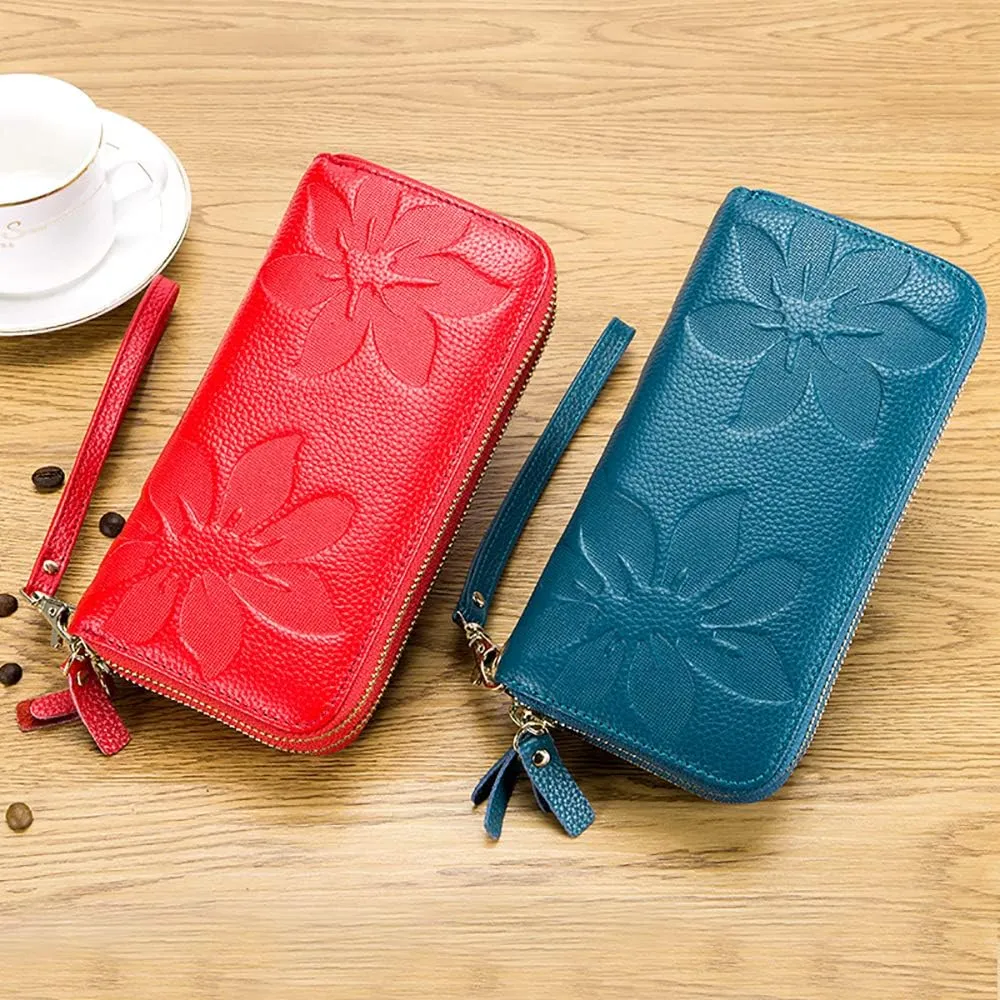 RFID Blocking Women’s Leather Wallet, Double Zipper Smartphone Pocket, Embossed Flower with Credit Card Holder, Cash Slots Large Capacity Clutch Wristlet (Red)