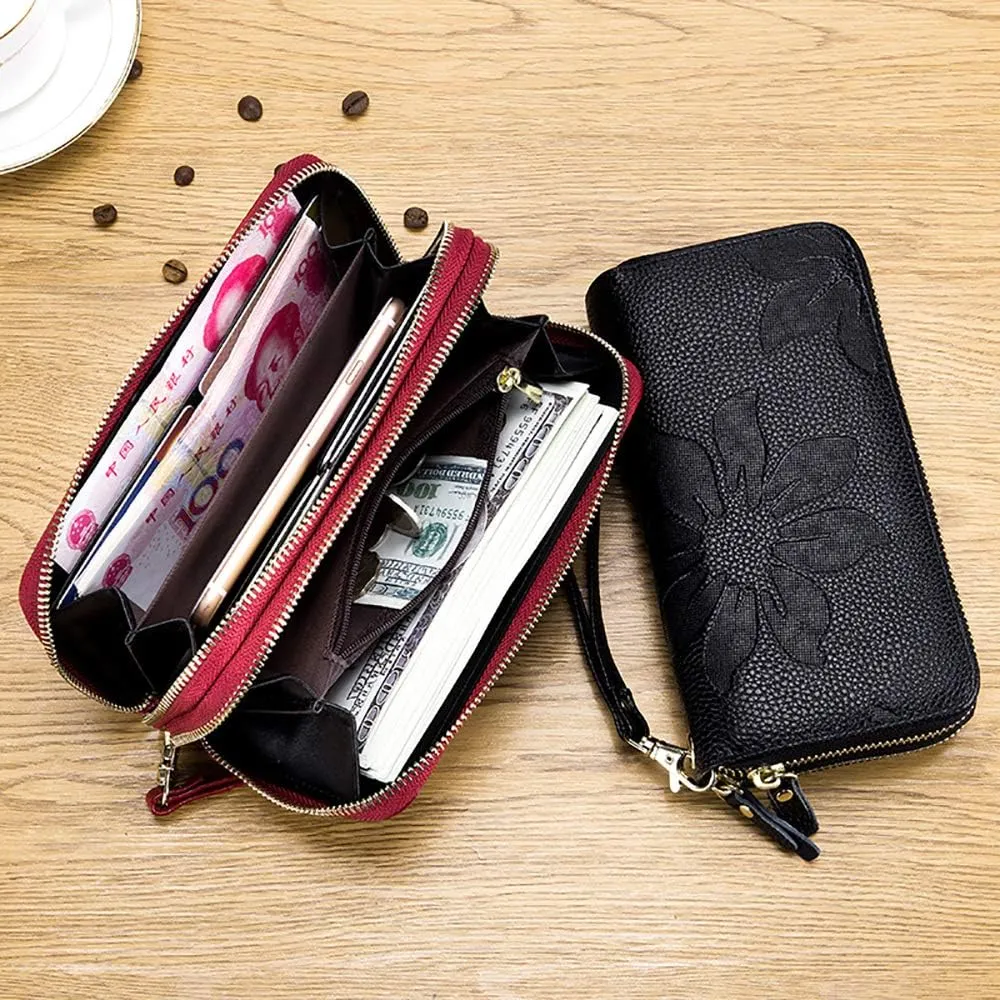 RFID Blocking Women’s Leather Wallet, Double Zipper Smartphone Pocket, Embossed Flower with Credit Card Holder, Cash Slots Large Capacity Clutch Wristlet (Red)