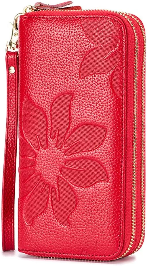 RFID Blocking Women’s Leather Wallet, Double Zipper Smartphone Pocket, Embossed Flower with Credit Card Holder, Cash Slots Large Capacity Clutch Wristlet (Red)