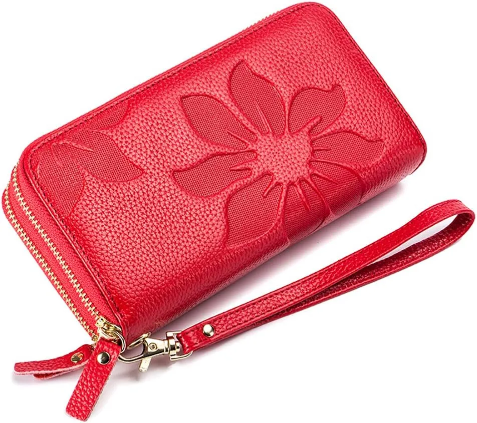 RFID Blocking Women’s Leather Wallet, Double Zipper Smartphone Pocket, Embossed Flower with Credit Card Holder, Cash Slots Large Capacity Clutch Wristlet (Red)