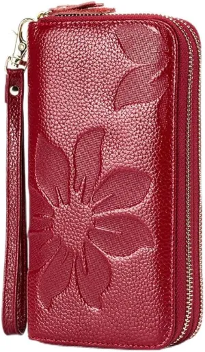 RFID Blocking Women’s Leather Wallet, Double Zipper Smartphone Pocket, Embossed Flower with Credit Card Holder, Cash Slots Large Capacity Clutch Wristlet (Wine)