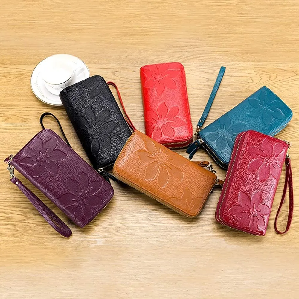 RFID Blocking Women’s Leather Wallet, Double Zipper Smartphone Pocket, Embossed Flower with Credit Card Holder, Cash Slots Large Capacity Clutch Wristlet (Wine)