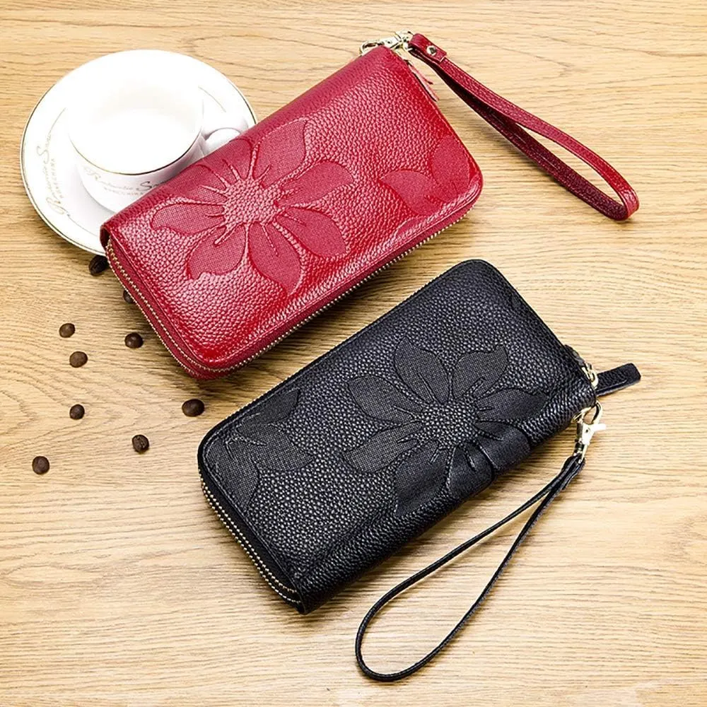 RFID Blocking Women’s Leather Wallet, Double Zipper Smartphone Pocket, Embossed Flower with Credit Card Holder, Cash Slots Large Capacity Clutch Wristlet (Wine)