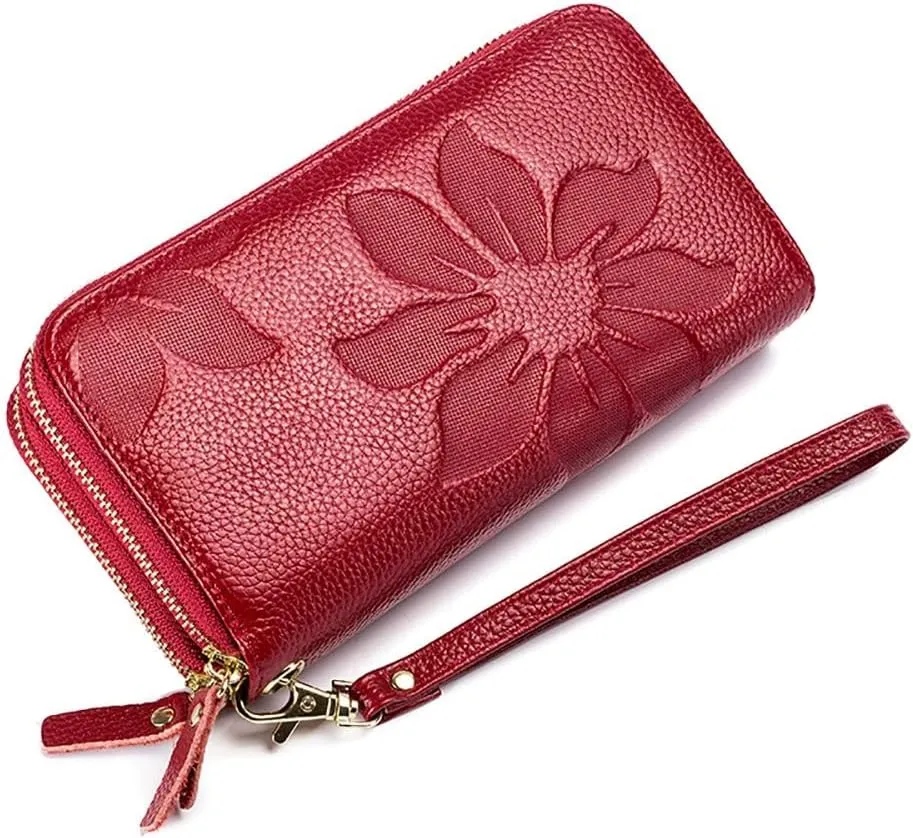 RFID Blocking Women’s Leather Wallet, Double Zipper Smartphone Pocket, Embossed Flower with Credit Card Holder, Cash Slots Large Capacity Clutch Wristlet (Wine)