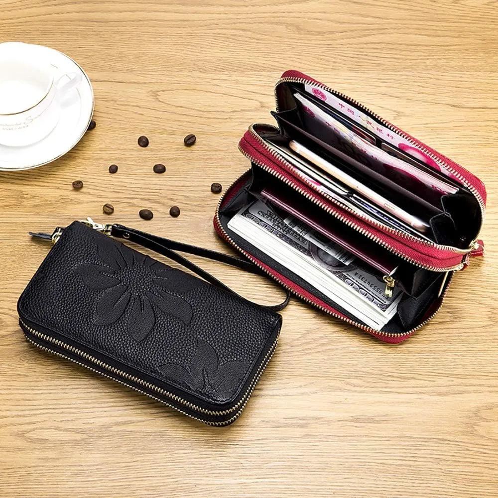 RFID Blocking Women’s Leather Wallet, Double Zipper Smartphone Pocket, Embossed Flower with Credit Card Holder, Cash Slots Large Capacity Clutch Wristlet (Wine)