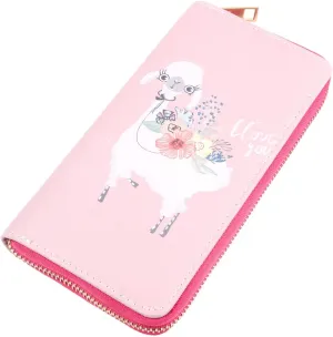 RIAH FASHION Cute Animal Print Zip Around Long Wallet - Fun Pattern Zipper Clutch Purse Card & Phone Slots Rainbow/Unicorn/Llama/Alpaca (Llama - I love you)