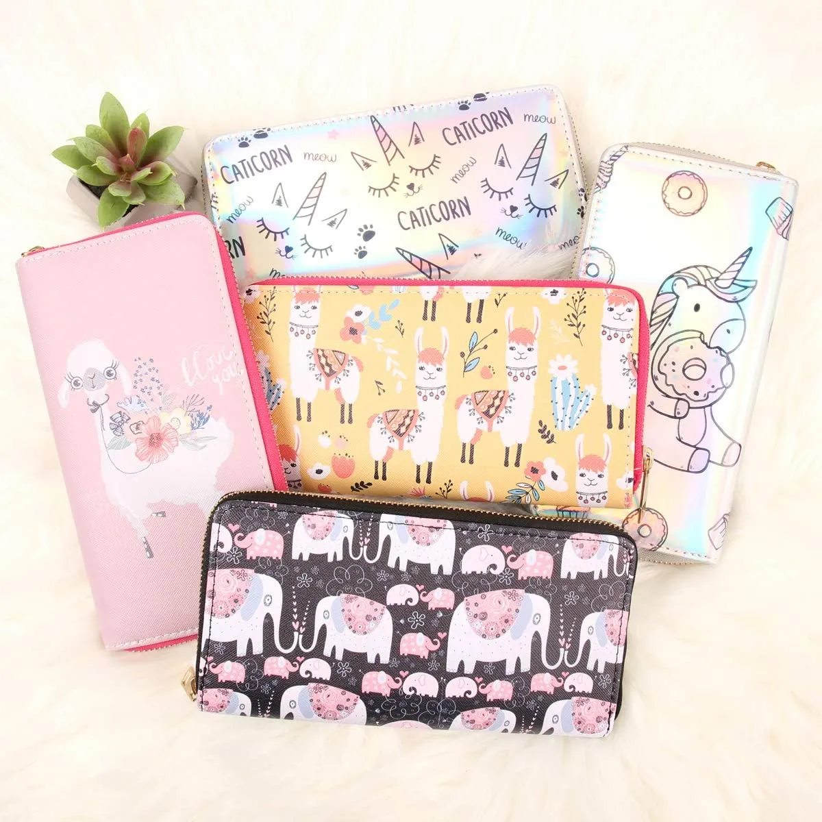 RIAH FASHION Cute Animal Print Zip Around Long Wallet - Fun Pattern Zipper Clutch Purse Card & Phone Slots Rainbow/Unicorn/Llama/Alpaca (Llama - I love you)