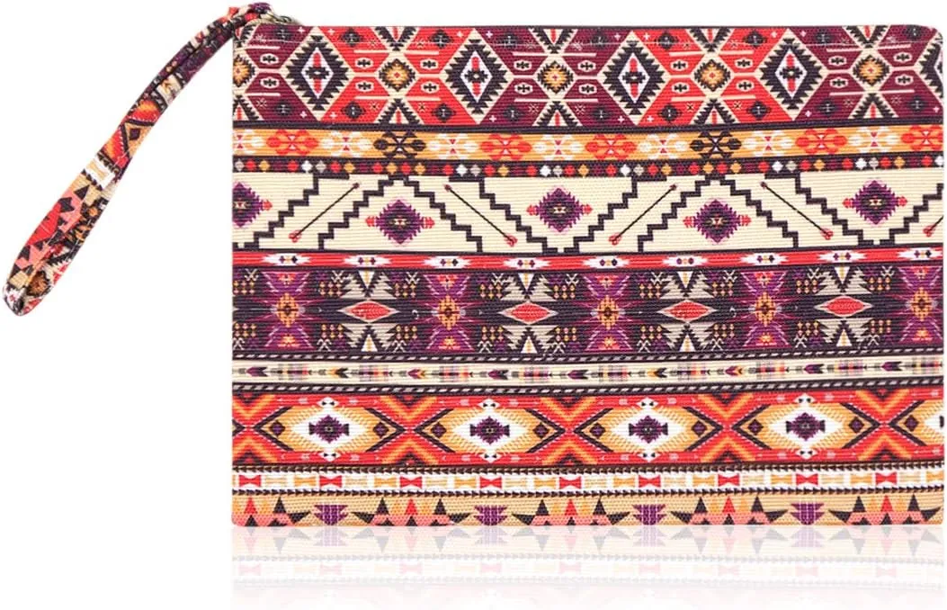 RIAH FASHION Portable Travel Multi Clutch Cosmetic Pouch Bag - Toiletry Makeup Organizer Wristlet Purse Stripe, Floral, Plaid, Leopard, Snake (Fabric Wristlet Clutch - Aztec Orange)