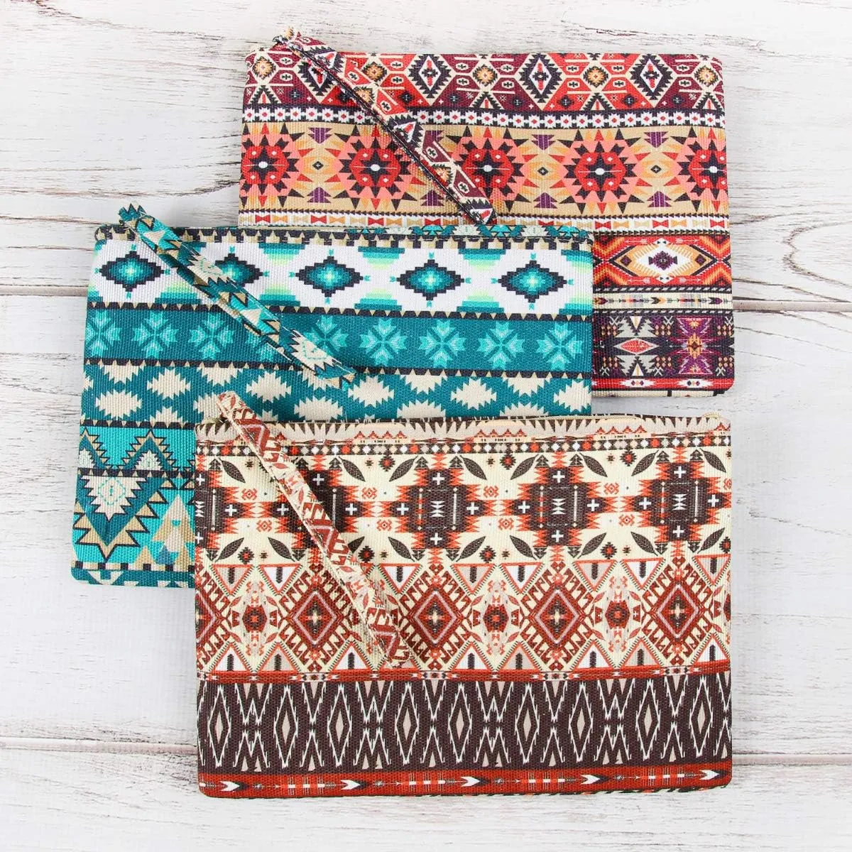 RIAH FASHION Portable Travel Multi Clutch Cosmetic Pouch Bag - Toiletry Makeup Organizer Wristlet Purse Stripe, Floral, Plaid, Leopard, Snake (Fabric Wristlet Clutch - Aztec Orange)