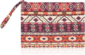 RIAH FASHION Portable Travel Multi Clutch Cosmetic Pouch Bag - Toiletry Makeup Organizer Wristlet Purse Stripe, Floral, Plaid, Leopard, Snake (Fabric Wristlet Clutch - Aztec Orange)