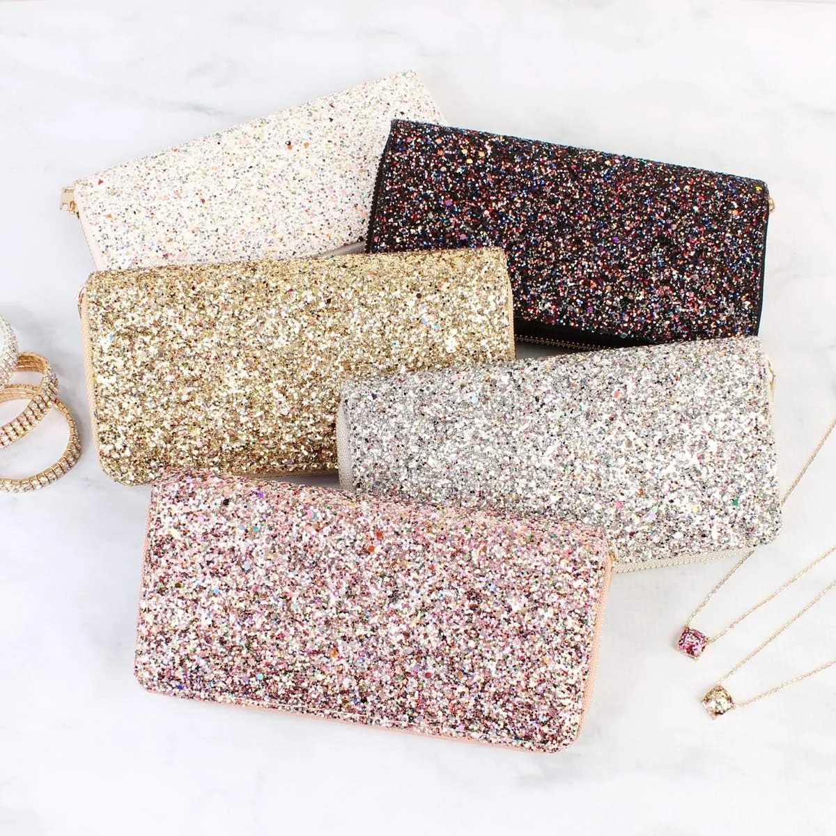 RIAH FASHION Rainbow Glitter Zip Around Wallet - Sparkly Confetti Single Zipper Clutch Purse with Card Slots (Rainbow - Red)