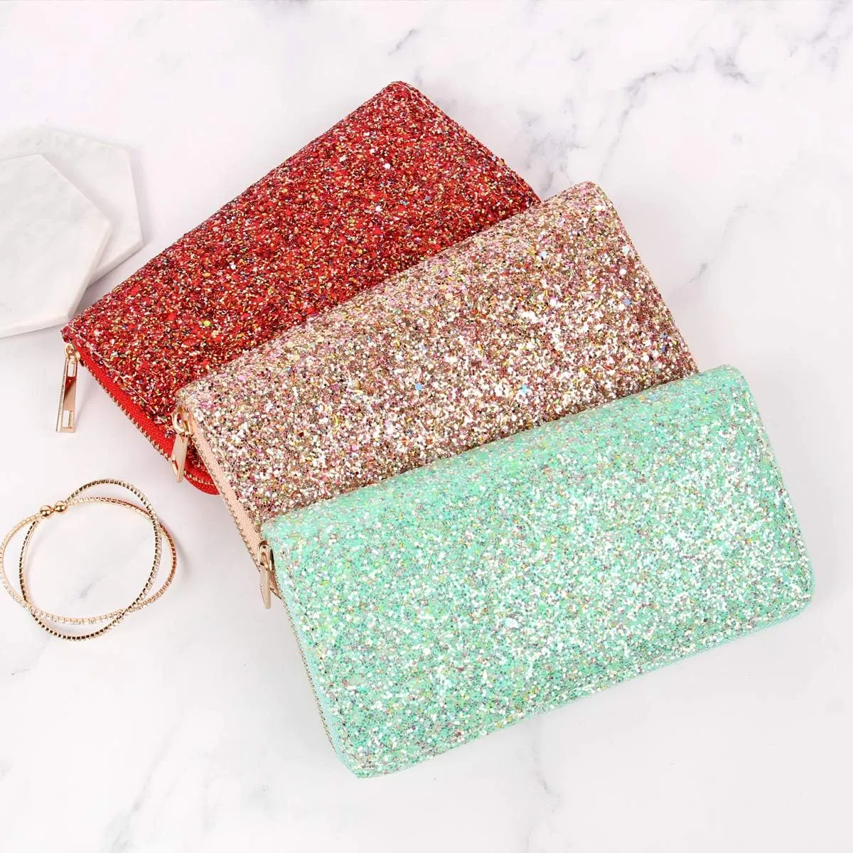 RIAH FASHION Rainbow Glitter Zip Around Wallet - Sparkly Confetti Single Zipper Clutch Purse with Card Slots (Rainbow - Red)