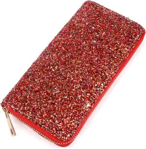 RIAH FASHION Rainbow Glitter Zip Around Wallet - Sparkly Confetti Single Zipper Clutch Purse with Card Slots (Rainbow - Red)