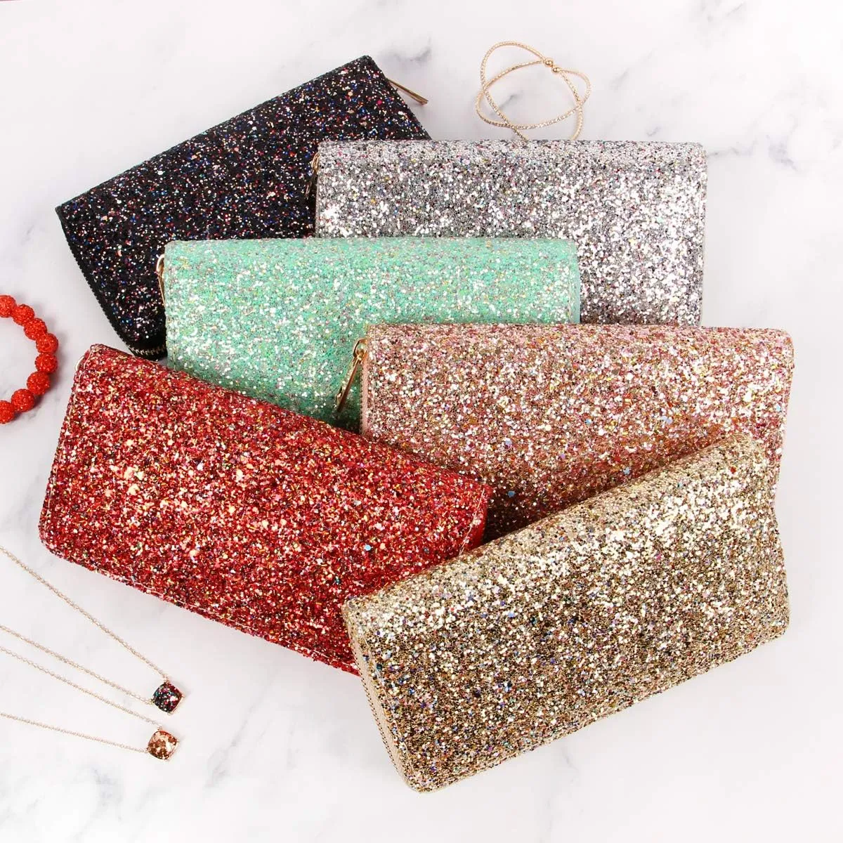 RIAH FASHION Rainbow Glitter Zip Around Wallet - Sparkly Confetti Single Zipper Clutch Purse with Card Slots (Rainbow - Red)